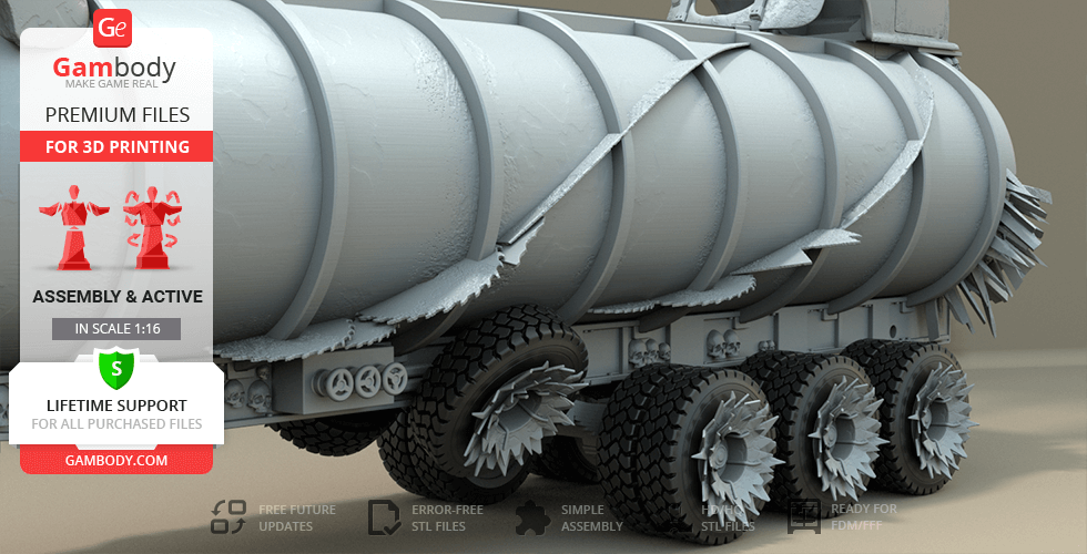 A detailed 3D model of Mad Max War Rig Tanker for 3D printing, showcasing its intricate design and rugged wheels.