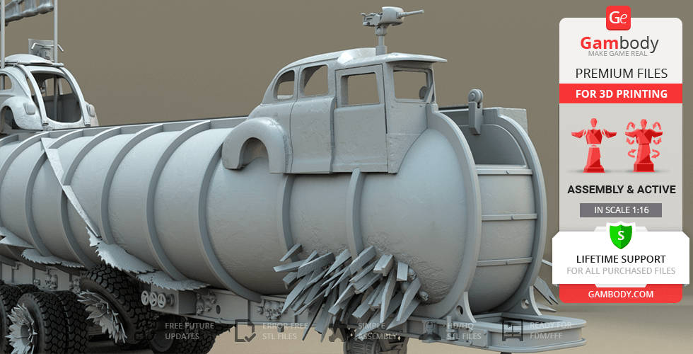 3D model of a rugged, post-apocalyptic tanker truck with spiked wheels for 3D printing.