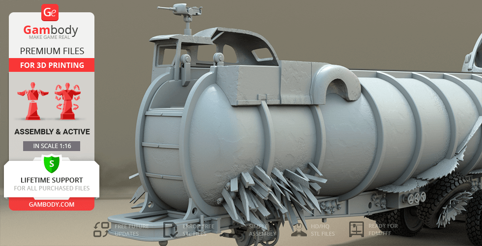 3D model of a detailed tanker truck from Mad Max for printing, featuring rugged design elements.