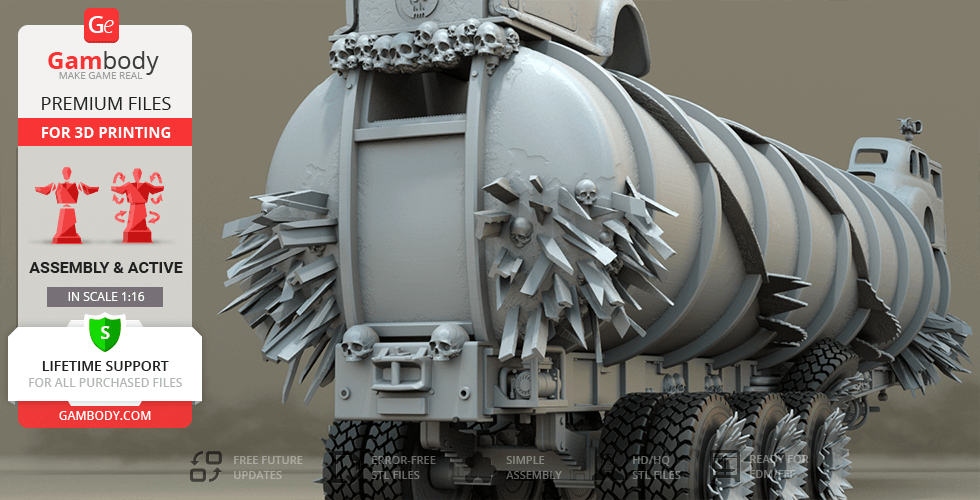 A detailed 3D model of the Mad Max War Rig Tanker with spikes and skulls, ready for 3D printing.
