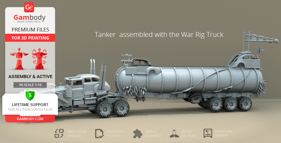 A detailed 3D model of a post-apocalyptic tanker truck from Mad Max, ready for 3D printing.