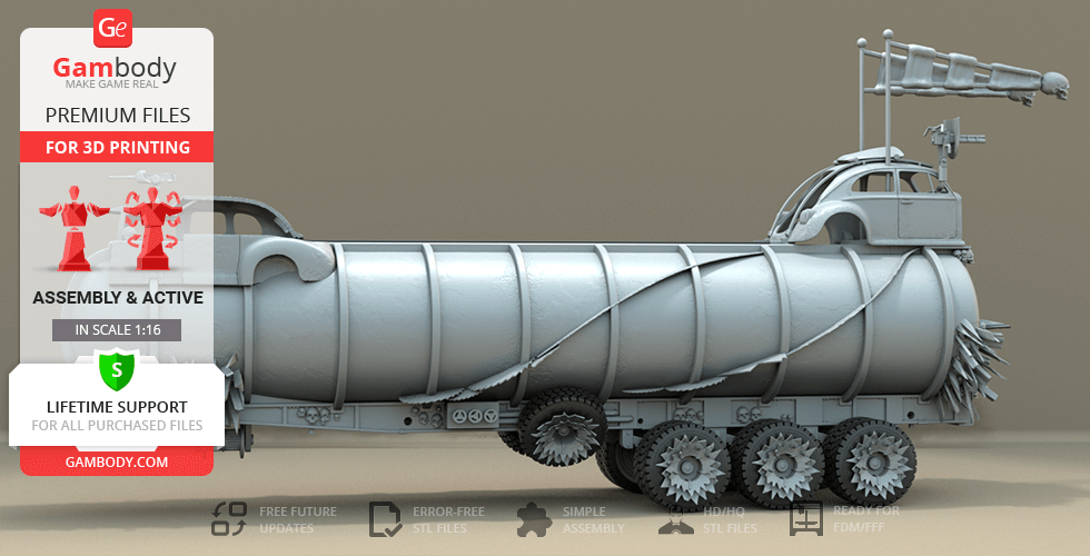 A detailed 3D model of the Mad Max War Rig Tanker, designed for 3D printing.