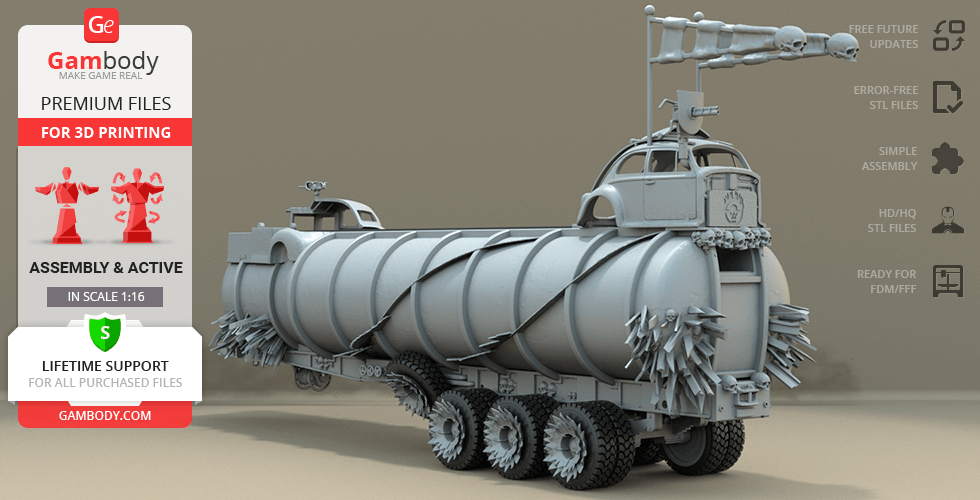 A detailed 3D model of a Mad Max War Rig Tanker for 3D printing, featuring spiked wheels and a rugged design.
