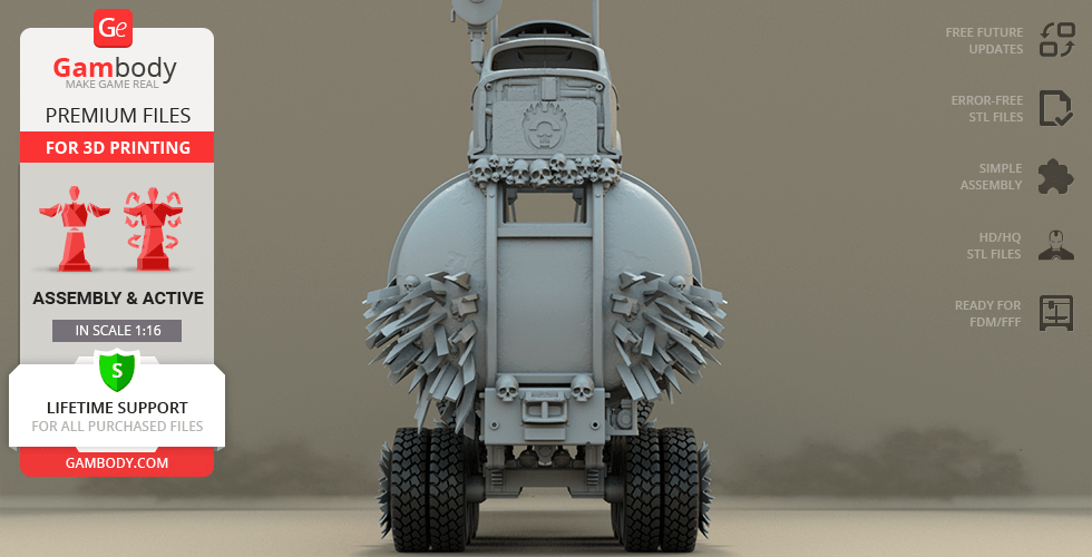 3D model of Mad Max War Rig Tanker with spiked wheels and rugged design, ready for 3D printing.