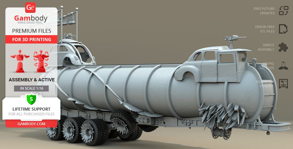 3D model of Mad Max War Rig Tanker with spiked wheels, ready for printing from Gambody.