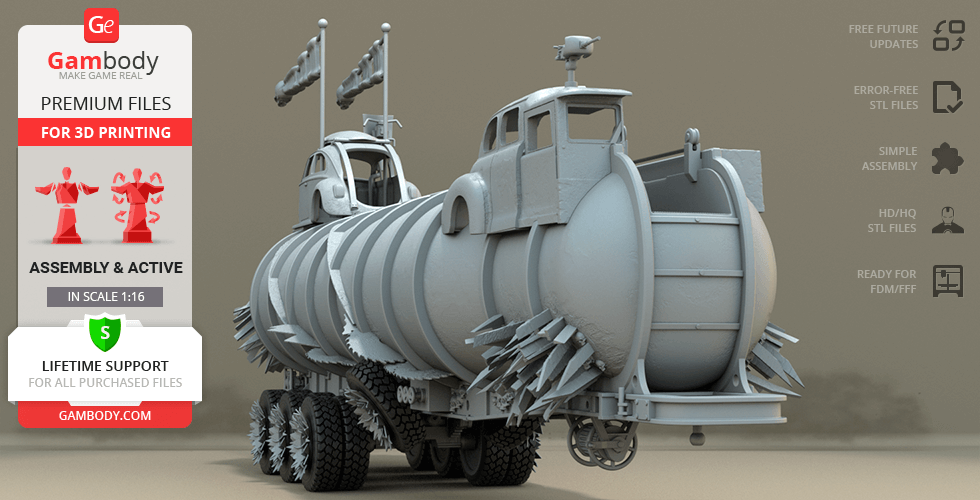 A detailed 3D model of the Mad Max War Rig Tanker, ready for 3D printing, featuring rugged design elements.