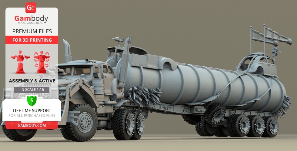 A detailed 3D model of a Mad Max War Rig Tanker, designed for 3D printing.