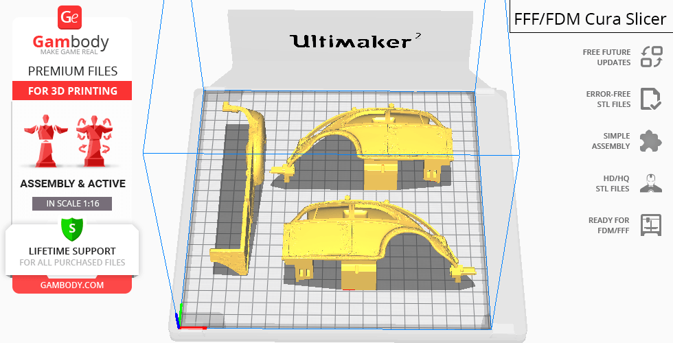 3D printing preview of Mad Max War Rig Tanker parts in yellow on a grid background.