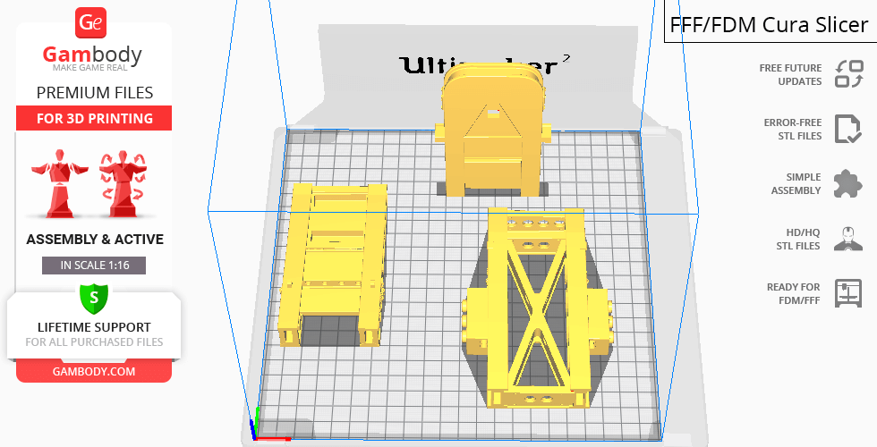 Yellow 3D model parts of a Mad Max War Rig Tanker arranged for printing in Cura software.