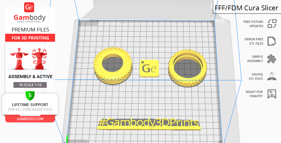 3D printing preview of two large tires and a Gambody logo on a grid in a slicing software interface.