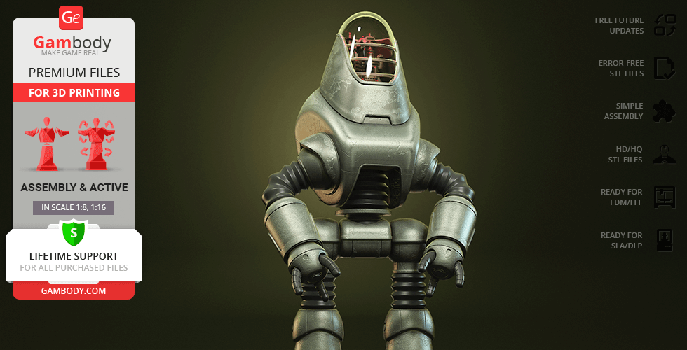 A 3D model of a Fallout Protectron robot for printing, with assembly details on a promo design.