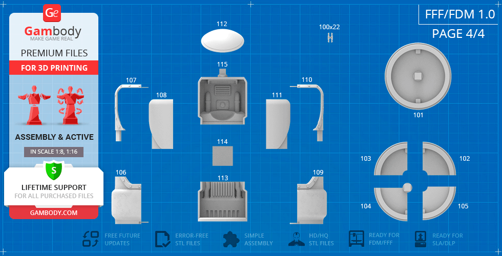3D printing blueprint of Fallout Protectron parts on a blue grid background, showcasing various components.