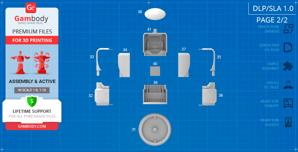 3D printable Fallout Protectron parts layout, showing various components on a blueprint background.
