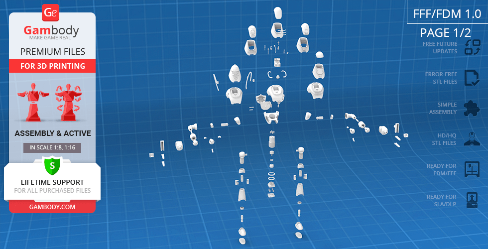 Exploded view of 3D printable Fallout Protectron model parts on a blue grid background.