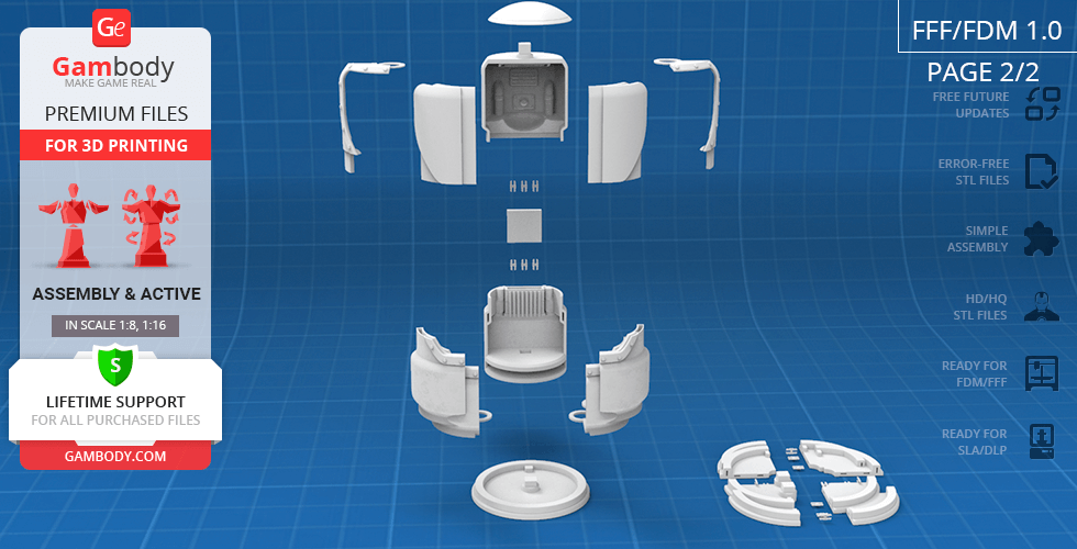 3D model assembly diagram for Fallout Protectron, showing various parts on a blue grid background.