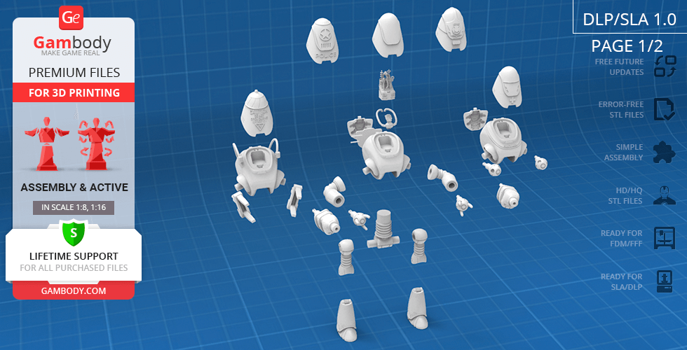 Disassembled Fallout Protectron 3D model parts displayed on a blue grid background for printing.
