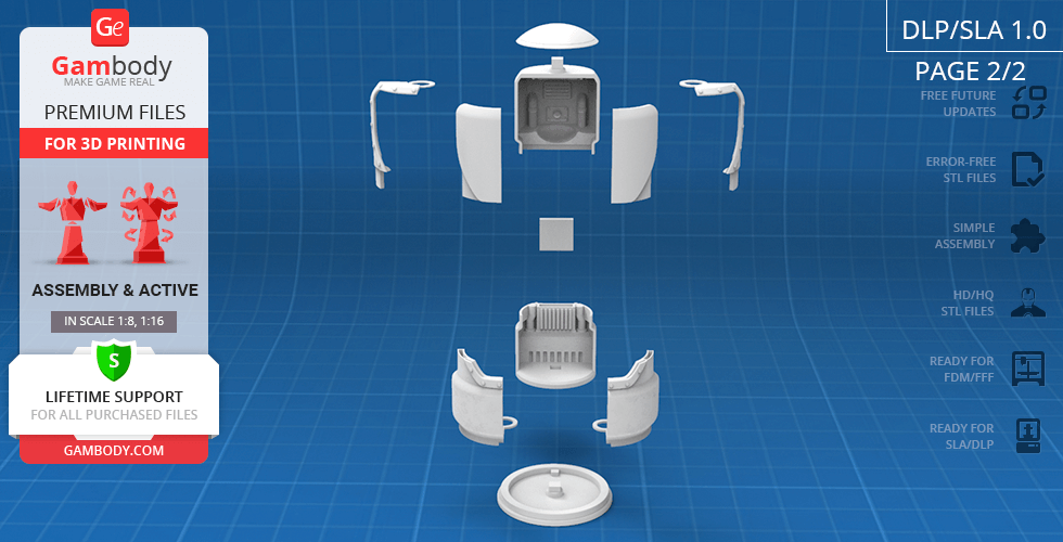 Exploded view of a 3D printable Fallout Protectron robot model from Gambody.
