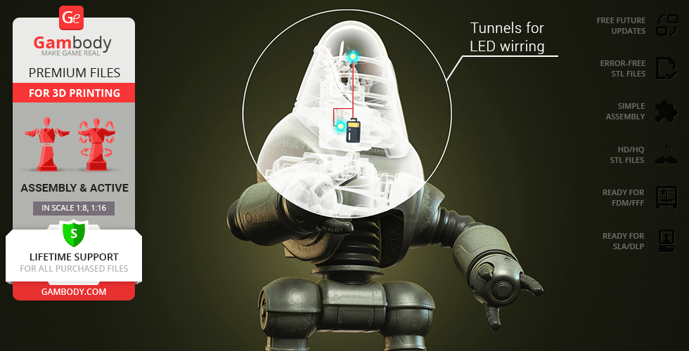 3D model of Fallout Protectron robot with wiring details for LED installation.