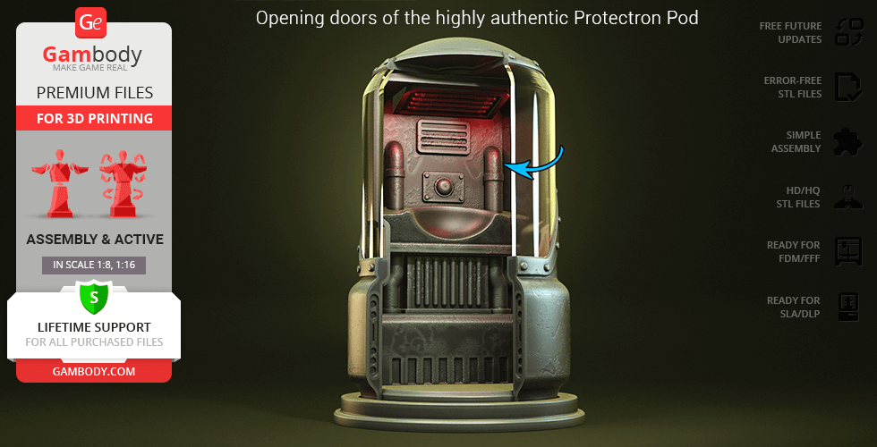 3D model of a Fallout Protectron Pod with opening doors, ready for 3D printing.