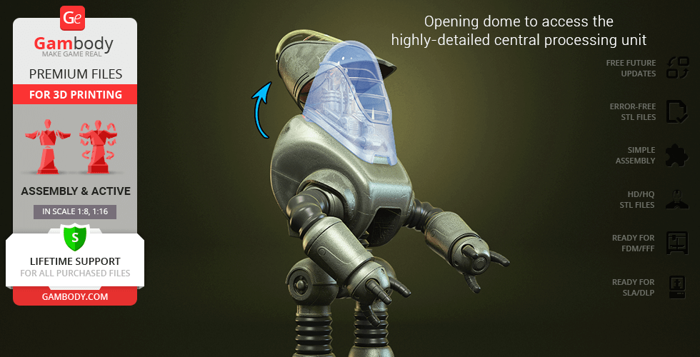 Retro-futuristic robot with opening dome, detailed inner components visible.