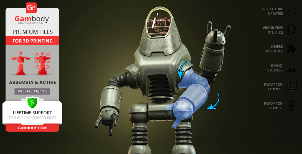 A 3D printable model of Fallout's Protectron robot with assembly instructions highlighted.