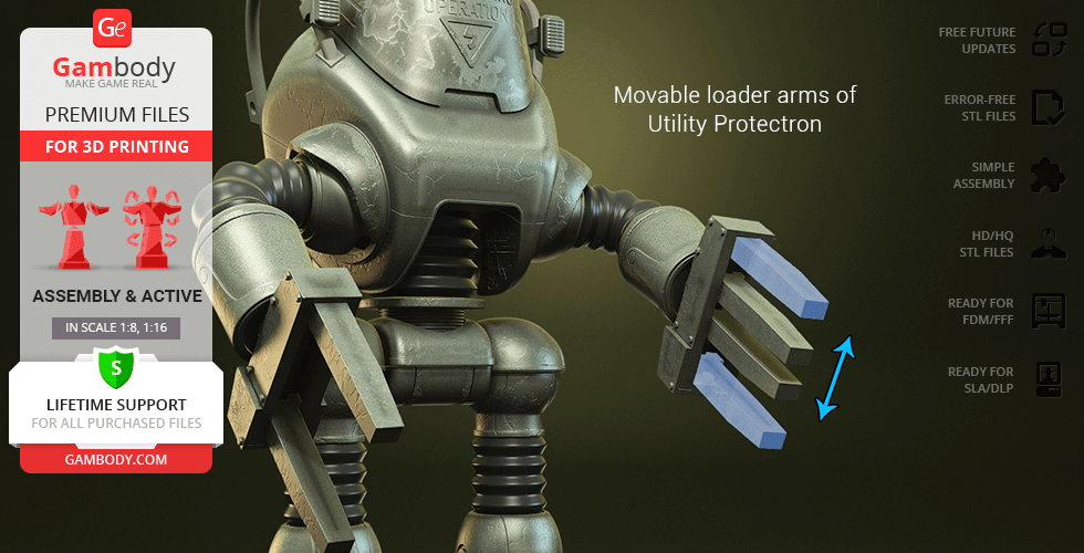 A 3D model of a Fallout Protectron robot with movable loader arms for 3D printing.