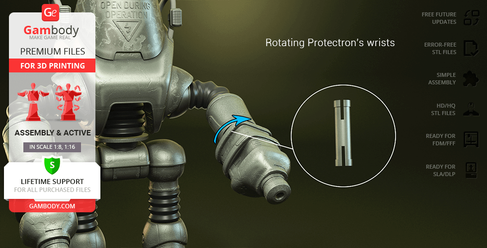 3D model of Fallout Protectron robot with rotating wrist feature, ready for 3D printing on Gambody.