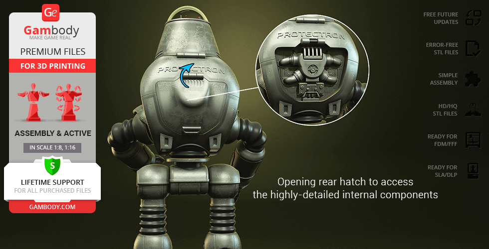 3D model of Protectron from Fallout, featuring detailed rear hatch for internal components, available for printing.