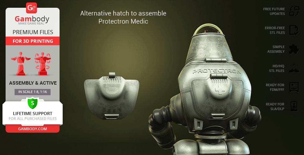 A 3D model of a Fallout Protectron robot with an alternative hatch for assembly.
