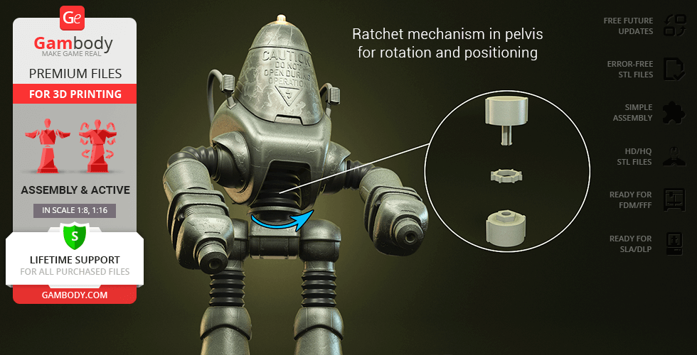 3D model of a Fallout Protectron robot showing ratchet mechanism for pelvis rotation, for printing.