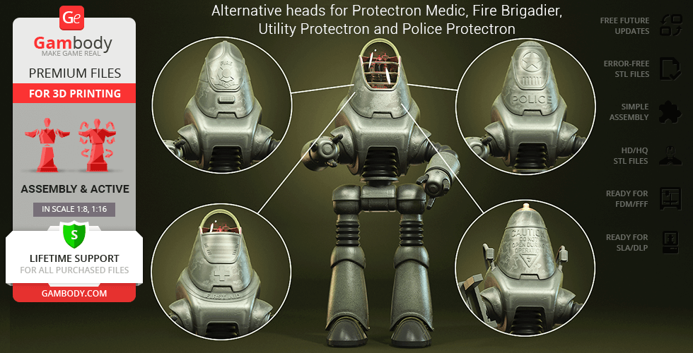 3D model of Fallout Protectron with interchangeable heads for Medic, Fire Brigadier, and Police roles.