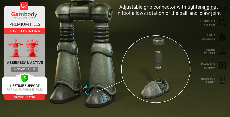 3D model of Fallout Protectron's legs with adjustable ball-and-claw joint for 3D printing.