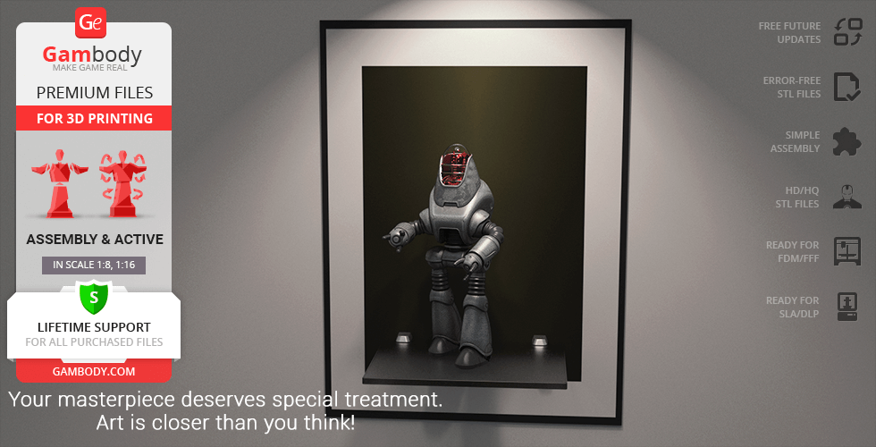 A 3D model of a Protectron robot from Fallout displayed in a shadow box with promotional text for Gambody.