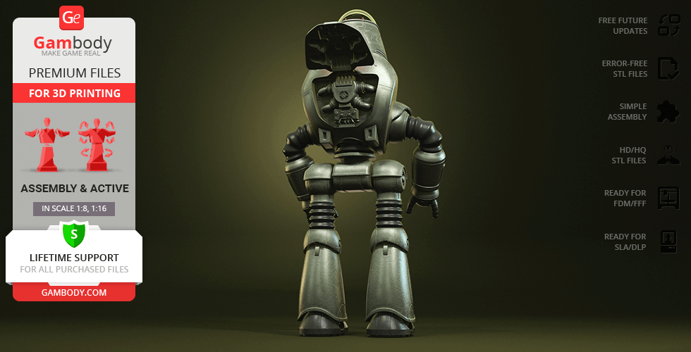 3D model of a Fallout Protectron robot from the back, designed for 3D printing by Gambody.