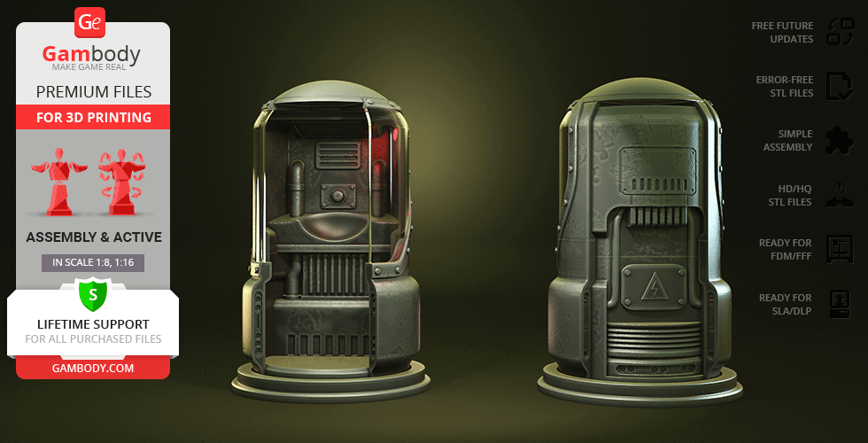A detailed 3D model of a Fallout Protectron unit, showcasing front and back views for 3D printing preparation.