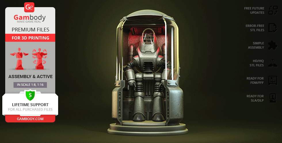 A Protectron robot in a display case, ready for 3D printing from Gambody.