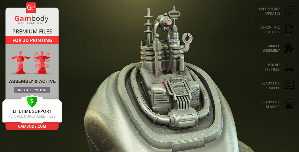 A detailed 3D model of a Protectron robot from Fallout, featuring intricate mechanical components.