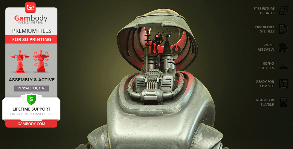 A detailed 3D model of a Fallout Protectron robot for printing, showcasing mechanical features and assemblies.