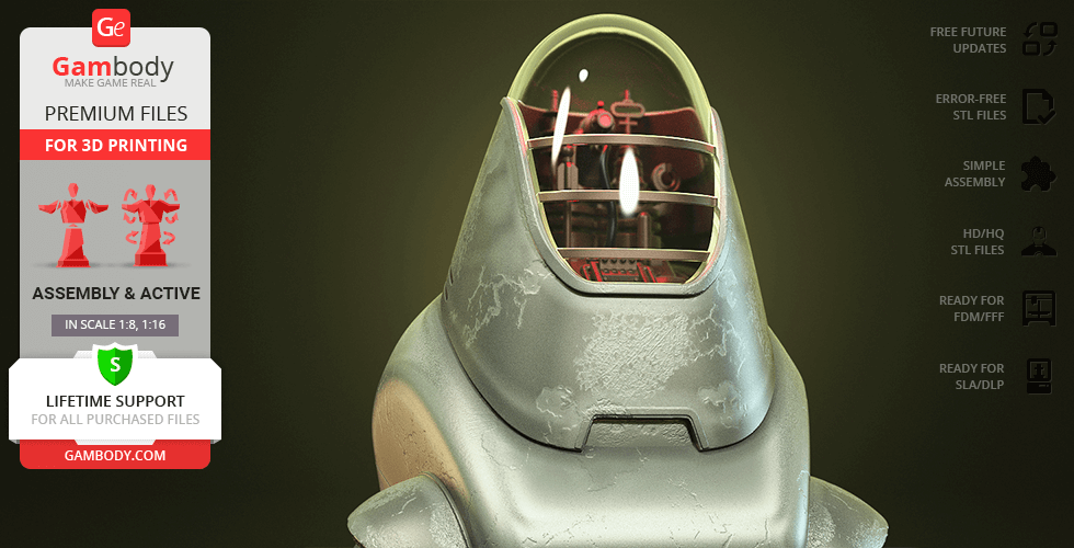 A detailed 3D model of a Protectron robot head from Fallout, ready for 3D printing.