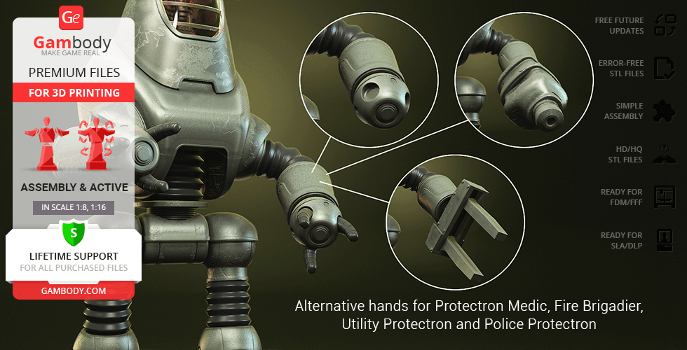 3D model of Fallout Protectron showcasing interchangeable hands for various roles, optimized for 3D printing.