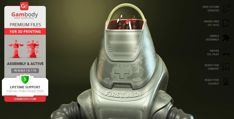 A detailed 3D model of a Fallout Protectron robot with a 'First Aid' label, ready for printing.
