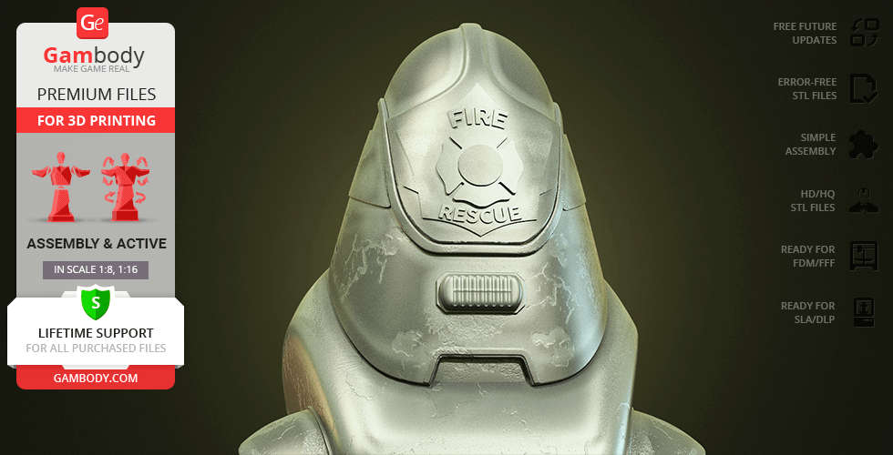 3D model of a Fallout Protectron robot labeled 'Fire Rescue' optimized for printing.