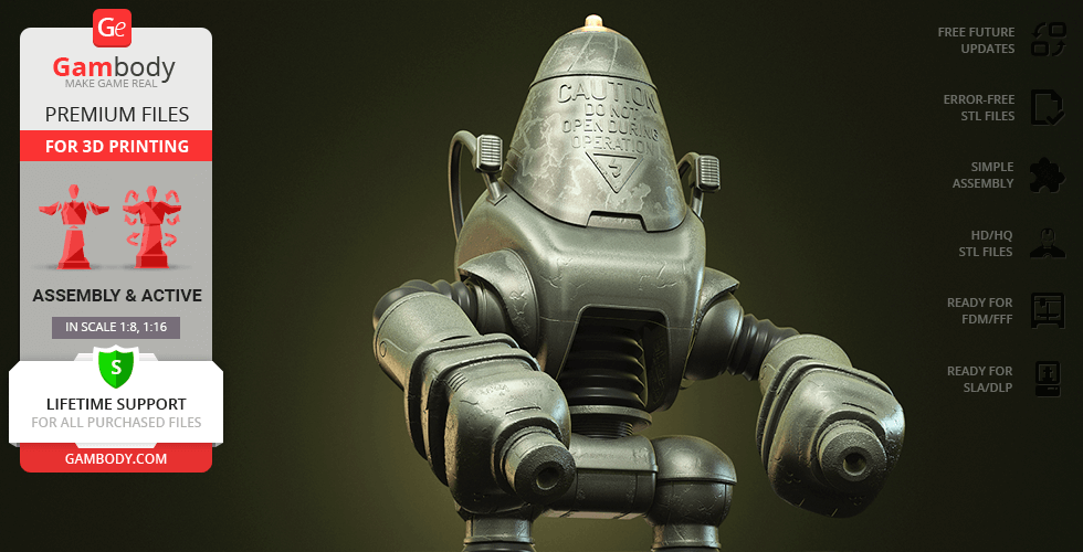 A 3D model of a Fallout Protectron robot, designed for 3D printing with detailed features.