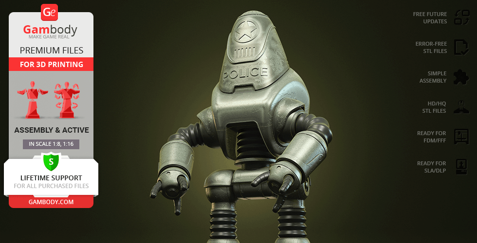 Retro-futuristic robot model for 3D printing, inspired by a police Protectron from Fallout.