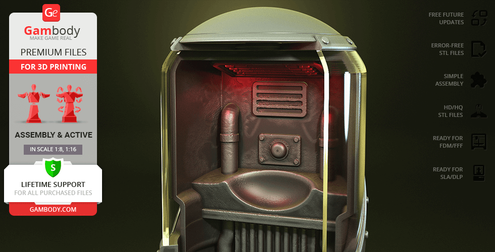 A Fallout Protectron 3D model for printing, showcasing a robot's torso with detailed metallic features.