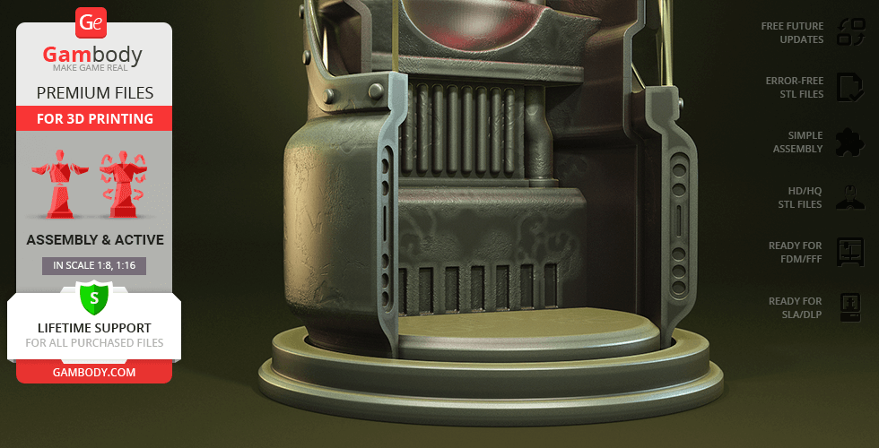 A close-up of a detailed 3D model of a Fallout Protectron robot on a display stand, ready for 3D printing.