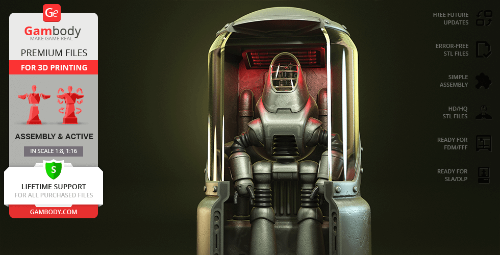 A 3D model of a Protectron robot from Fallout, enclosed in a pod, available for 3D printing from Gambody.