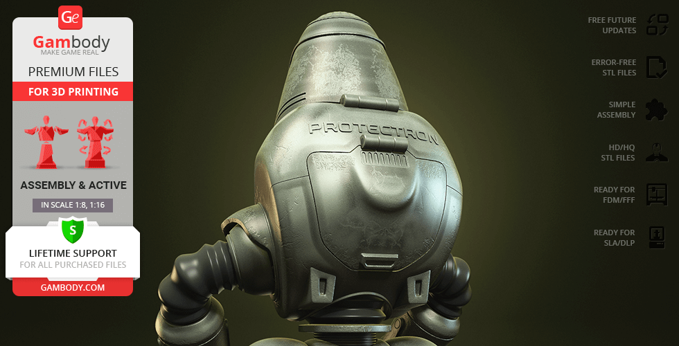 3D model of Fallout Protectron robot, showcasing its back design, available for printing on Gambody.