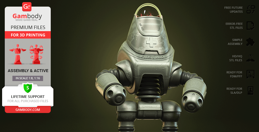 A 3D model of a Fallout Protectron robot, designed for 3D printing, displayed on Gambody site.