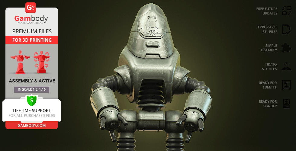 A metallic robot with a domed head and jointed limbs, prepared for 3D printing, displayed on a green background.